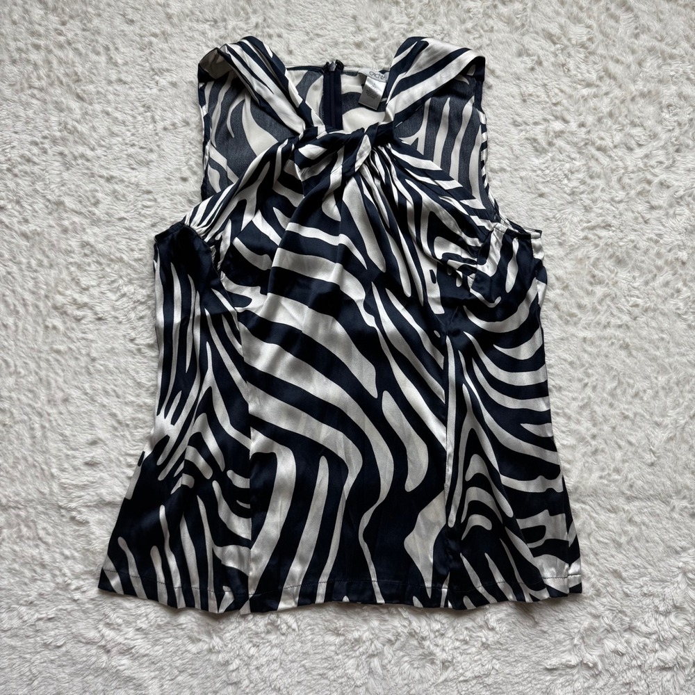 Cache Zebra Silk Sleeveless Blouse L Navy White Twist Quiet Luxury Mob Wife